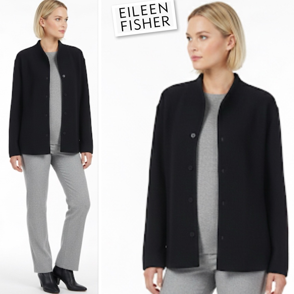 Eileen Fisher Textured Knit Italian Fabric 100% Wool Jacket-cardigan Black Sz L